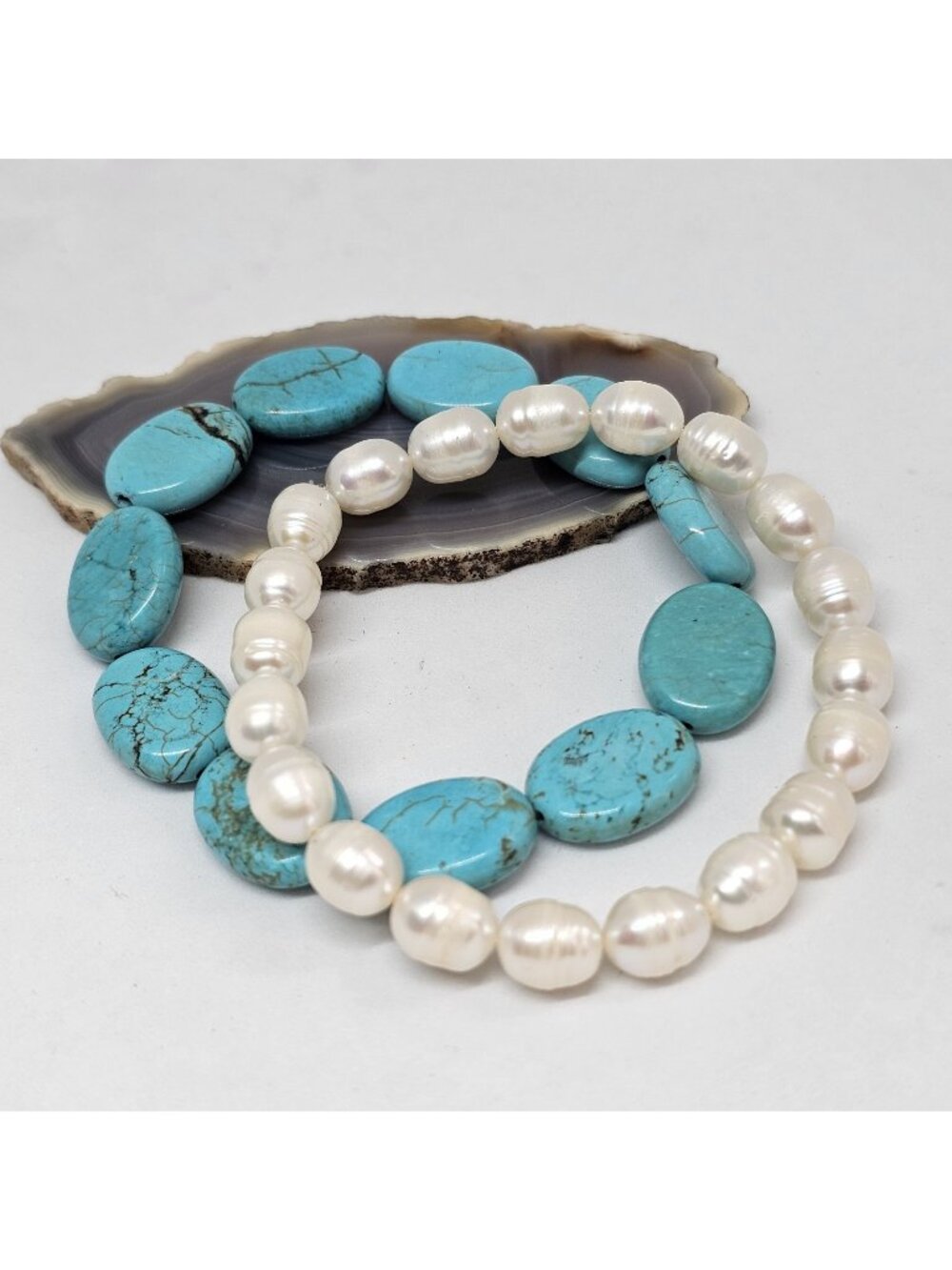 White Baroque Pearl Blue Stone Stretch Bracelet Gemstone Stackable Bead Jewelry